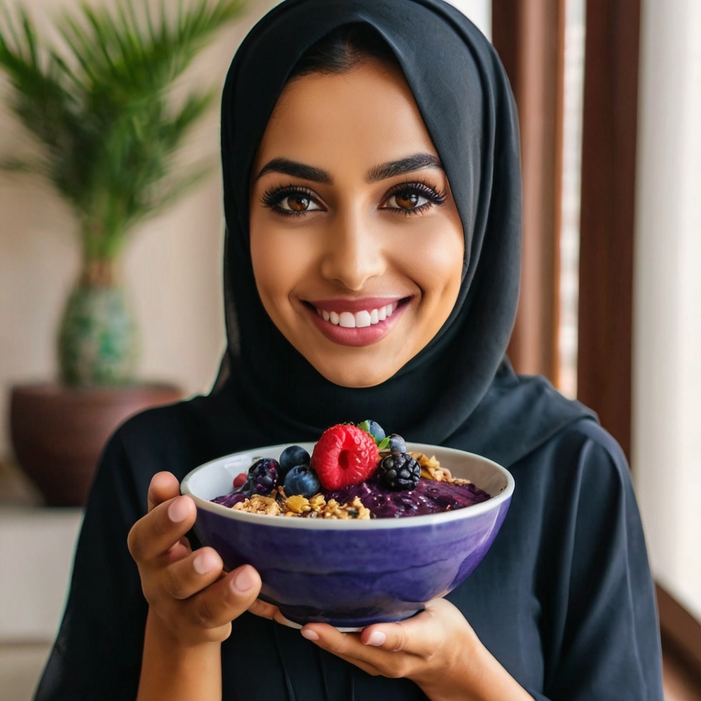 Emirati lady holding acai bowl with fruits as topping Emirati lady holding acai bowl with fruits as topping